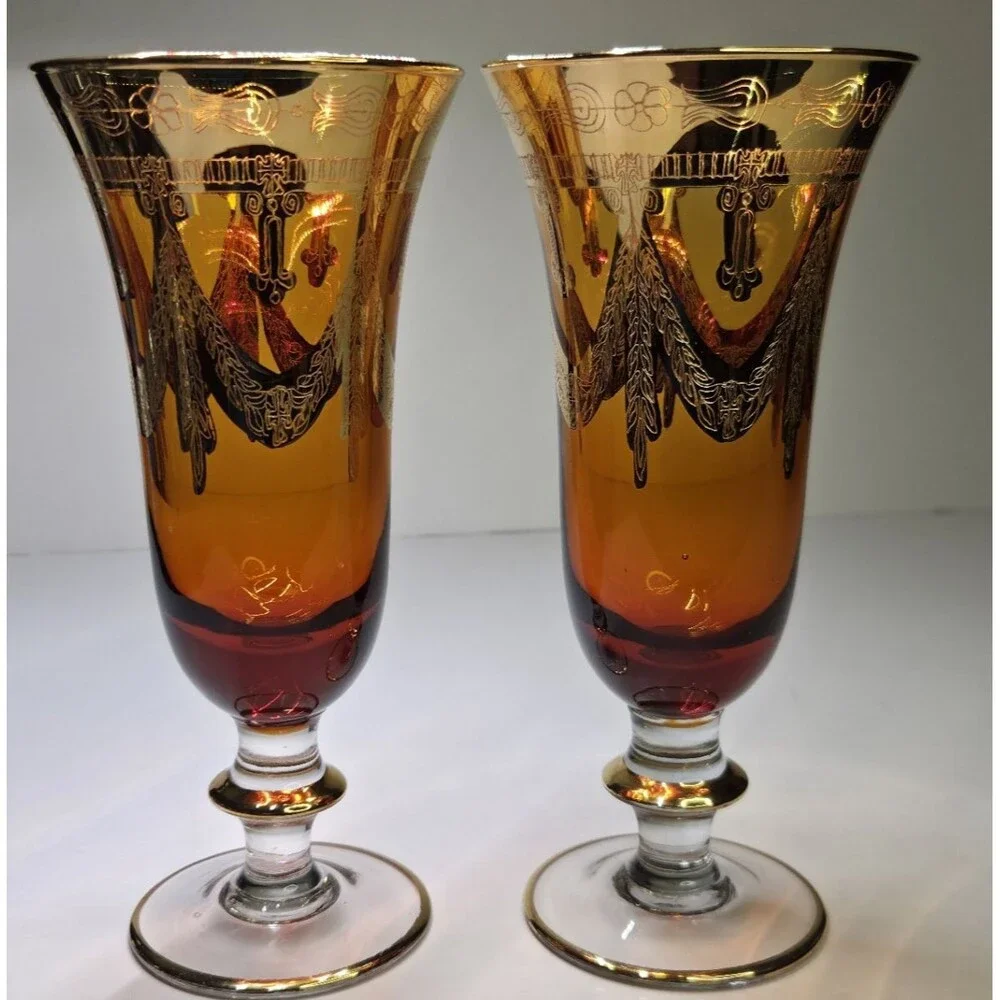 Pair Of Arte Italica Medici Amber Gold Champagne Flutes Goblets Glasses 7.5